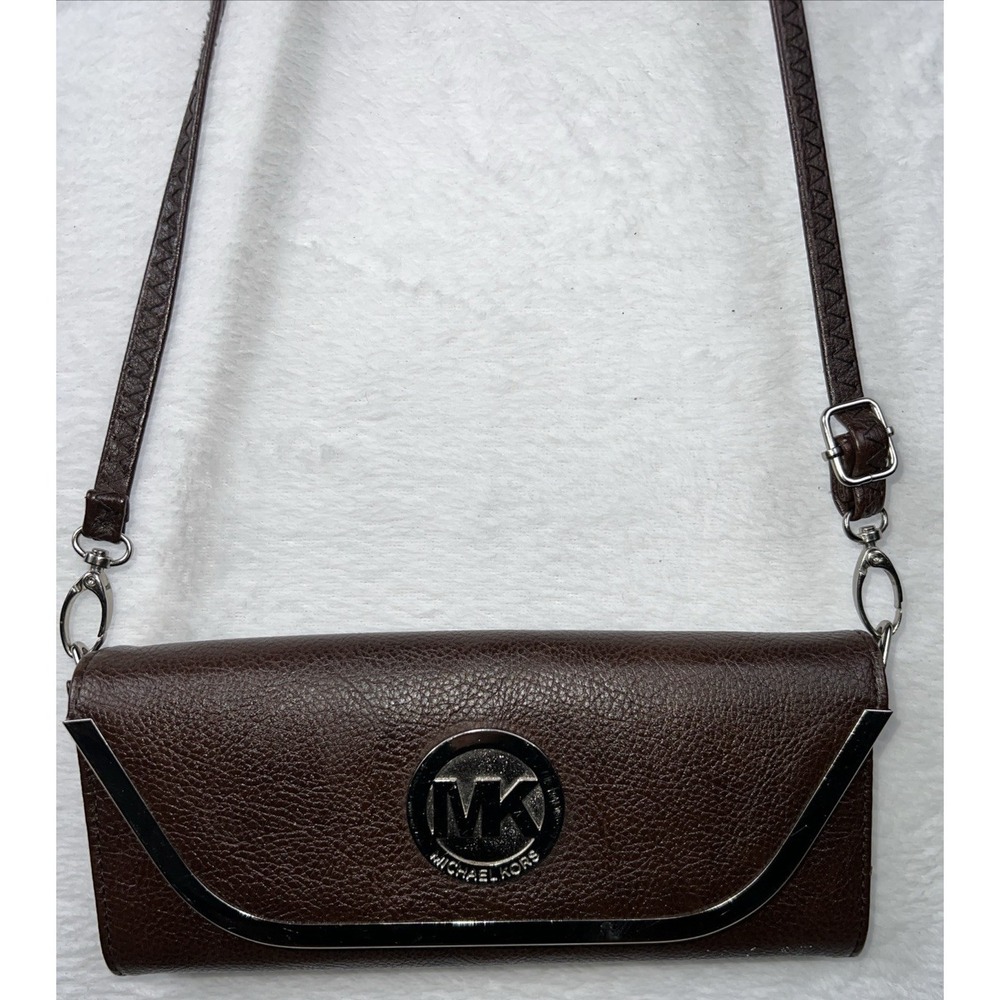 Michael‎ Kors Wallet Envelope Clutch Brown Logo Pebbled Leather Crossbody Strap
